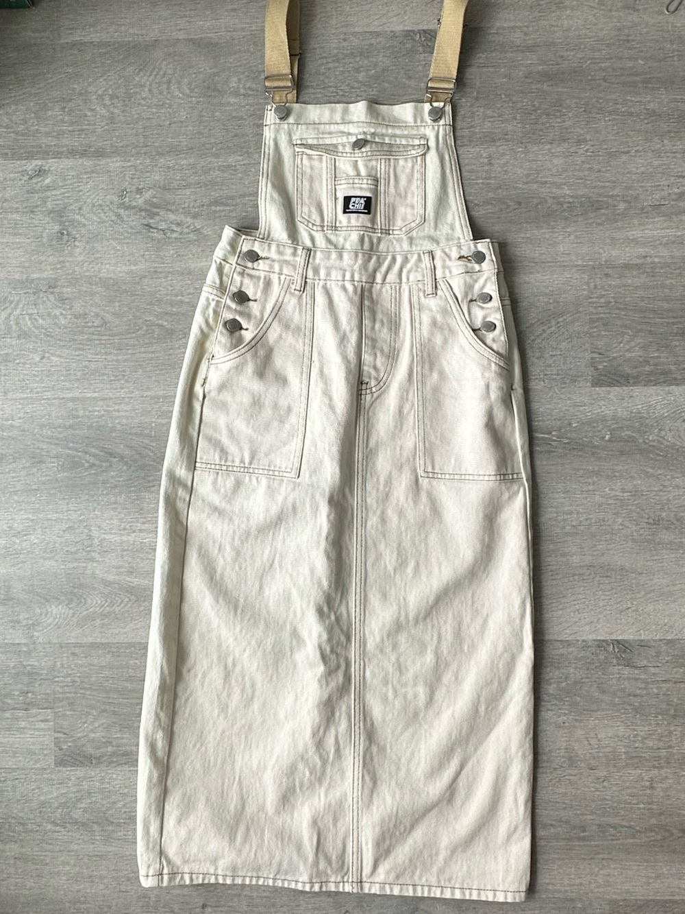 PEACHII Cream Denim Overall Midi to Long Skirt Utility